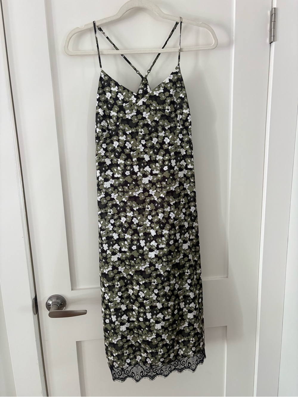 Paper Label • Floral Slip Dress Lace Trim silky olive green print size small